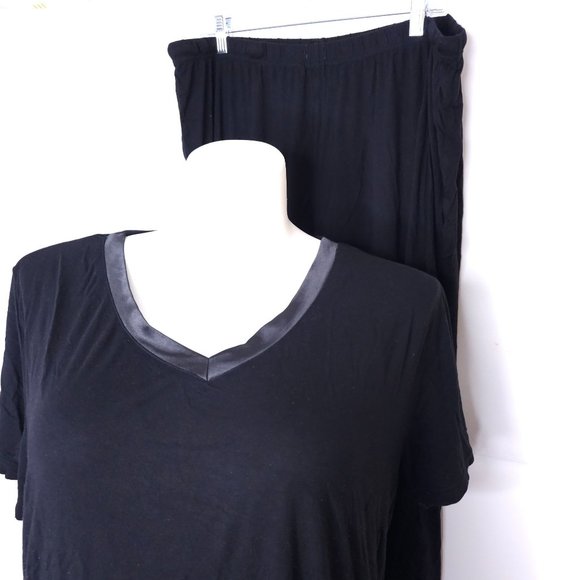 Boutique 2 Piece Comfy Stretchy Pajama Pant Set Satin Trim Black Women's sxz 2X - Picture 2 of 8